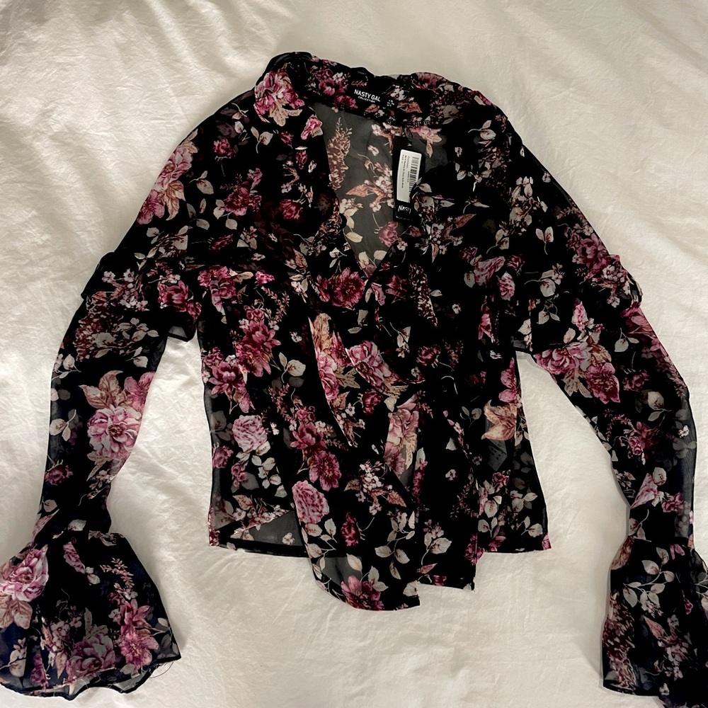 Black and pink floral sheer blouse